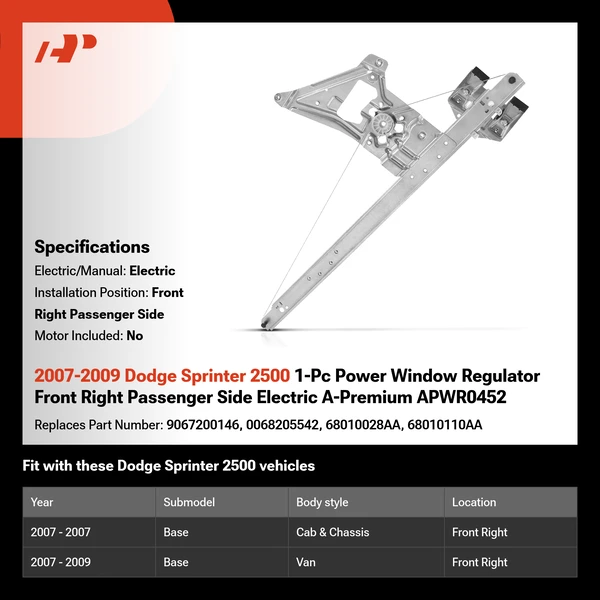 2007-2009 Dodge Sprinter 2500 1-Pc Power Window Regulator Front Right Passenger Side Electric A-Premium APWR0452