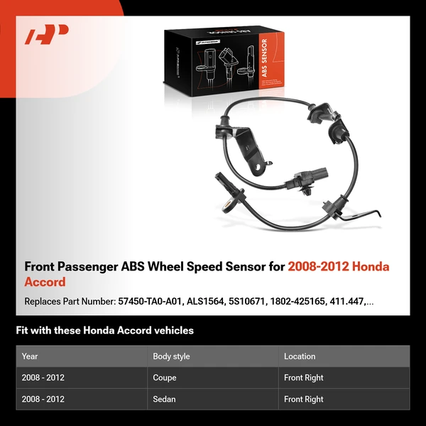 Front Passenger ABS Wheel Speed Sensor for 2008-2012 Honda Accord