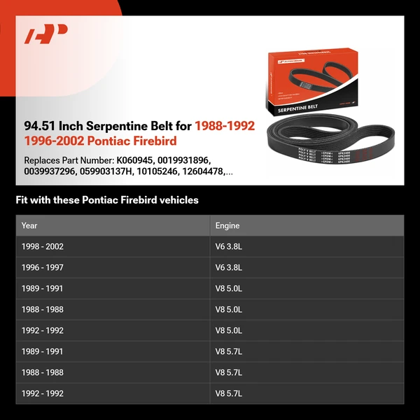 94.51 Inch Serpentine Belt for 1988-1992 1996-2002 Pontiac Firebird