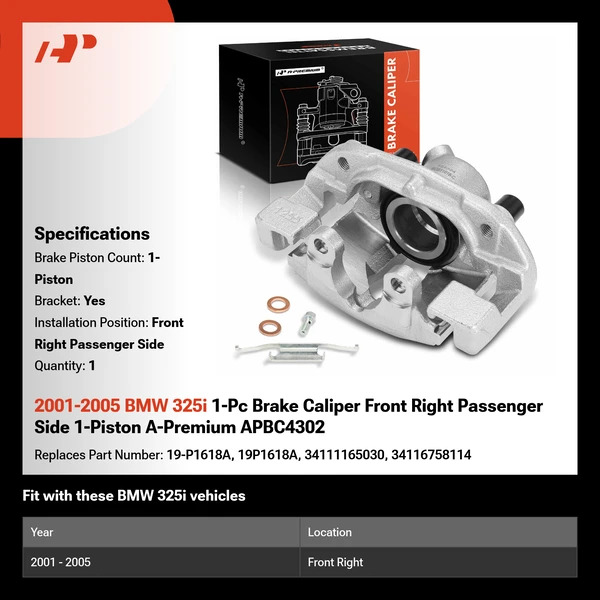 2001-2005 BMW 325i 1-Pc Brake Caliper Front Right Passenger Side 1-Piston A-Premium APBC4302