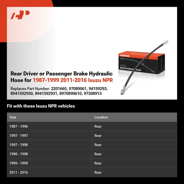 Rear Driver or Passenger Brake Hydraulic Hose for 1987-1999 2011-2016 Isuzu NPR