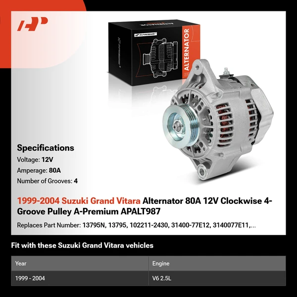 1999-2004 Suzuki Grand Vitara Alternator 80A 12V Clockwise 4-Groove Pulley A-Premium APALT987
