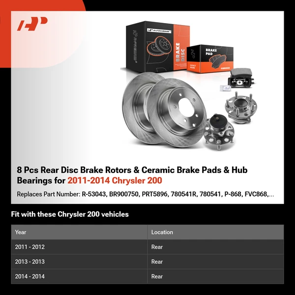 8 Pcs Rear Disc Brake Rotors & Ceramic Brake Pads & Hub Bearings for 2011-2014 Chrysler 200