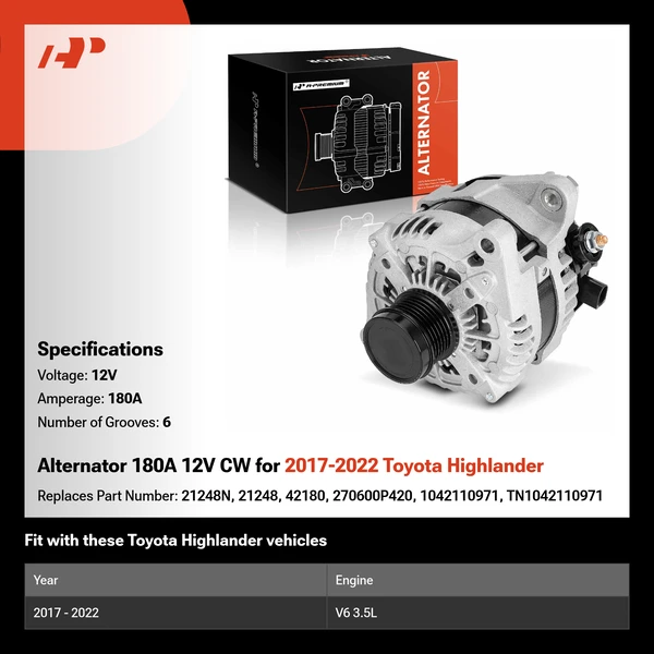Alternator 180A 12V CW for 2017-2022 Toyota Highlander