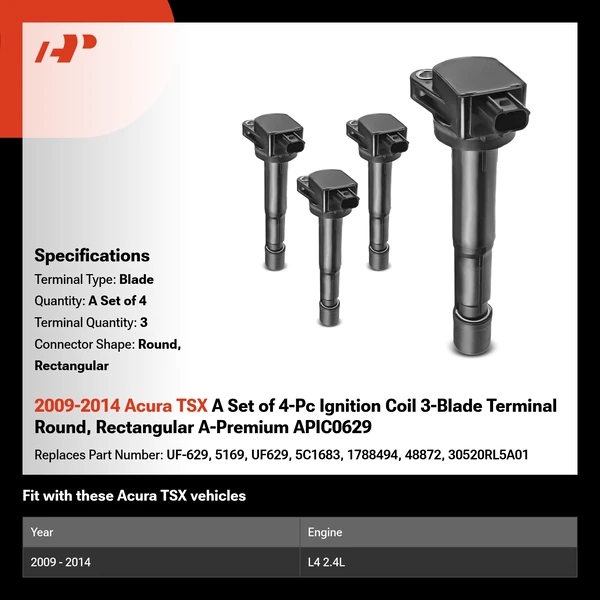 2009-2014 Acura TSX A Set of 4-Pc Ignition Coil 3-Blade Terminal Round, Rectangular A-Premium APIC0629