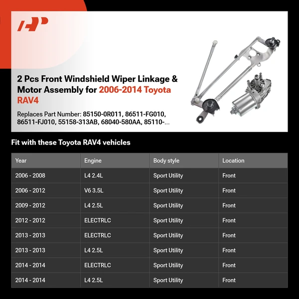 2 Pcs Front Windshield Wiper Linkage & Motor Assembly for 2006-2014 Toyota RAV4