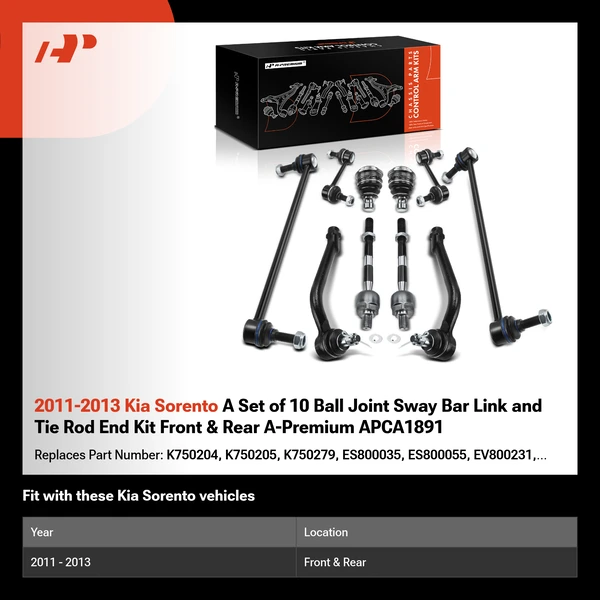 2011-2013 Kia Sorento A Set of 10 Ball Joint Sway Bar Link and Tie Rod End Kit Front & Rear A-Premium APCA1891