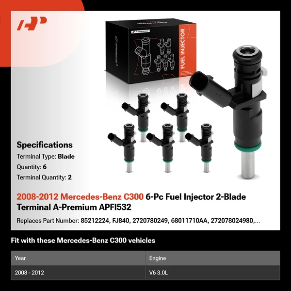 2008-2012 Mercedes-Benz C300 6-Pc Fuel Injector 2-Blade Terminal A-Premium APFI532