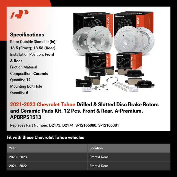 2021-2023 Chevrolet Tahoe Drilled & Slotted Disc Brake Rotors and Ceramic Pads Kit, 12 Pcs, Front & Rear, A-Premium, APBRPS1513