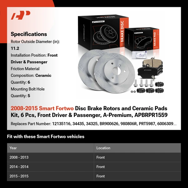 2008-2015 Smart Fortwo Disc Brake Rotors and Ceramic Pads Kit, 6 Pcs, Front Driver & Passenger, A-Premium, APBRPR1559