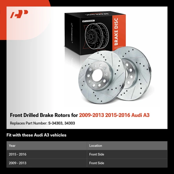 Front Drilled Brake Rotors for 2009-2013 2015-2016 Audi A3