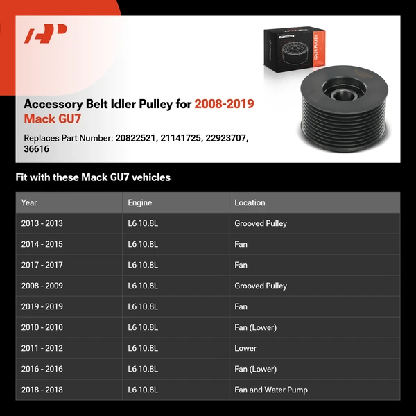 Accessory Belt Idler Pulley for 2008-2019 Mack GU7