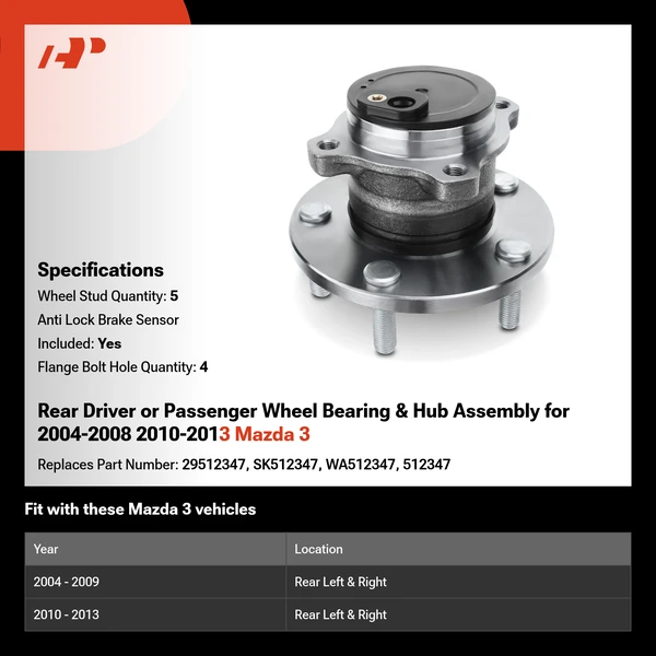 Rear Driver or Passenger Wheel Bearing & Hub Assembly for 2004-2008 2010-2013 Mazda 3