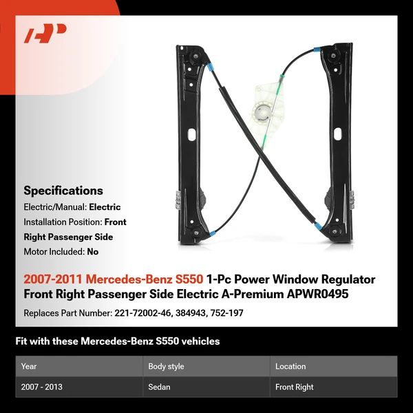 2007-2011 Mercedes-Benz S550 1-Pc Power Window Regulator Front Right Passenger Side Electric A-Premium APWR0495