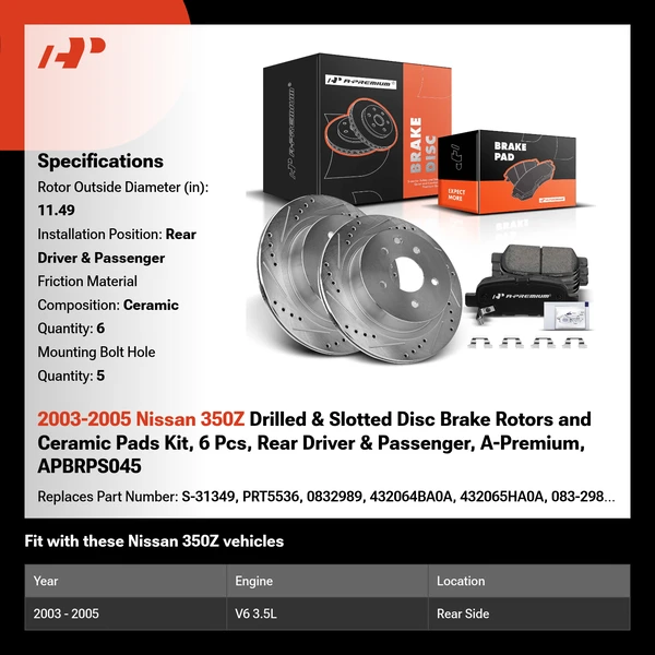 2003-2005 Nissan 350Z Drilled & Slotted Disc Brake Rotors and Ceramic Pads Kit, 6 Pcs, Rear Driver & Passenger, A-Premium, APBRPS045