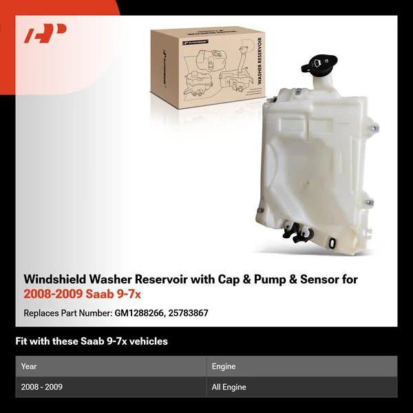 Windshield Washer Reservoir with Cap & Pump & Sensor for 2008-2009 Saab 9-7x