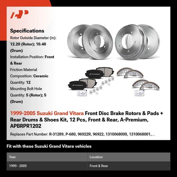 1999-2005 Suzuki Grand Vitara Front Disc Brake Rotors & Pads + Rear Drums & Shoes Kit, 12 Pcs, Front & Rear, A-Premium, APBRPR1202