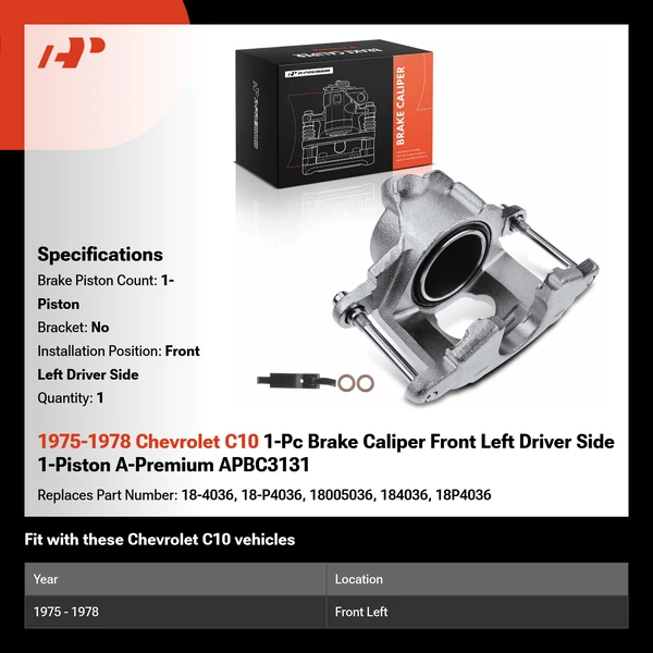 1975-1978 Chevrolet C10 1-Pc Brake Caliper Front Left Driver Side 1-Piston A-Premium APBC3131