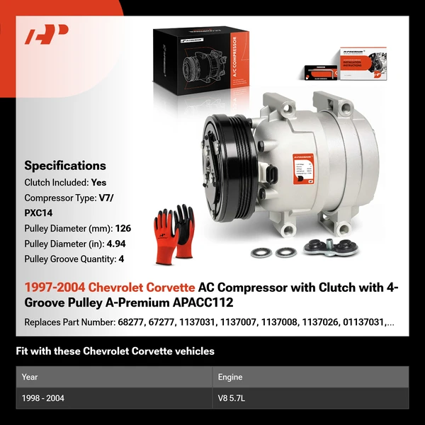 1997-2004 Chevrolet Corvette AC Compressor with Clutch with 4-Groove Pulley A-Premium APACC112