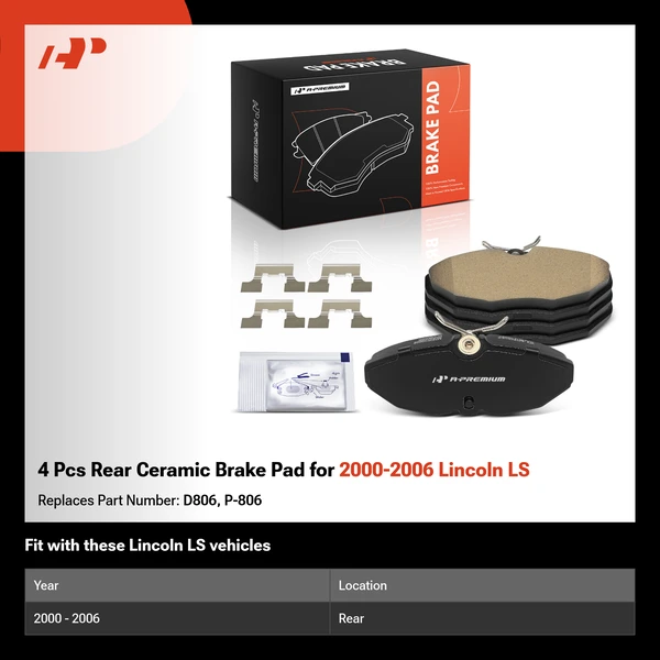 4 Pcs Rear Ceramic Brake Pad for 2000-2006 Lincoln LS