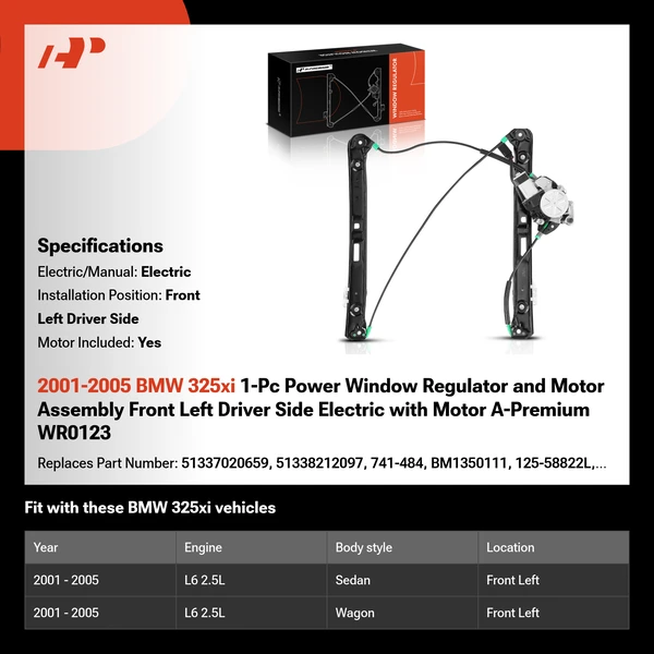 2001-2005 BMW 325xi 1-Pc Power Window Regulator and Motor Assembly Front Left Driver Side Electric with Motor A-Premium WR0123