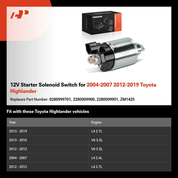 12V Starter Solenoid Switch for 2004-2007 2012-2019 Toyota Highlander