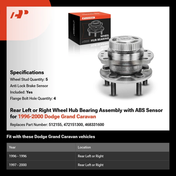 Rear Left or Right Wheel Hub Bearing Assembly with ABS Sensor for 1996-2000 Dodge Grand Caravan