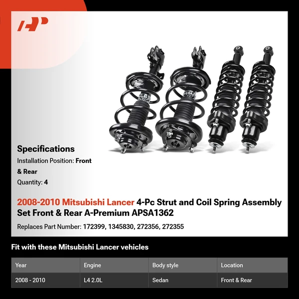 2008-2010 Mitsubishi Lancer 4-Pc Strut and Coil Spring Assembly Set Front & Rear A-Premium APSA1362