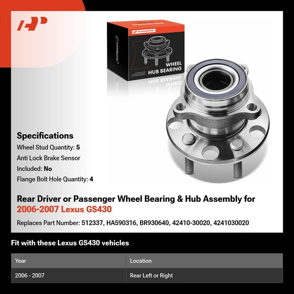 Rear Driver or Passenger Wheel Bearing & Hub Assembly for 2006-2007 Lexus GS430