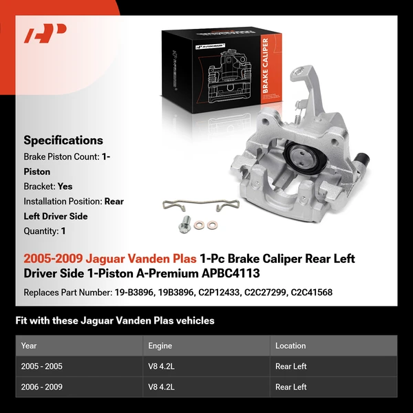 2005-2009 Jaguar Vanden Plas 1-Pc Brake Caliper Rear Left Driver Side 1-Piston A-Premium APBC4113