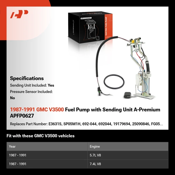 1987-1991 GMC V3500 Fuel Pump with Sending Unit A-Premium APFP0627
