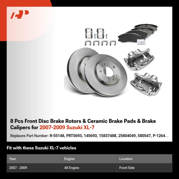 8 Pcs Front Disc Brake Rotors & Ceramic Brake Pads & Brake Calipers for 2007-2009 Suzuki XL-7