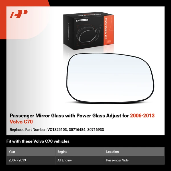 Passenger Mirror Glass with Power Glass Adjust for 2006-2013 Volvo C70