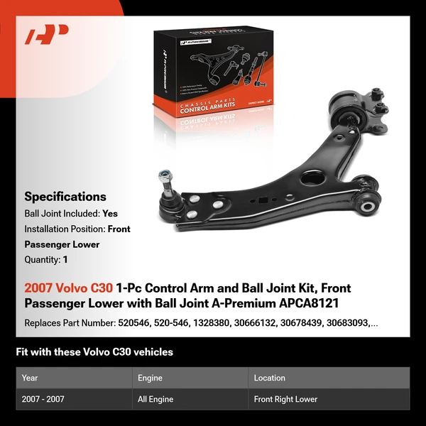 2007 Volvo C30 1-Pc Control Arm and Ball Joint Kit, Front Passenger Lower with Ball Joint A-Premium APCA8121