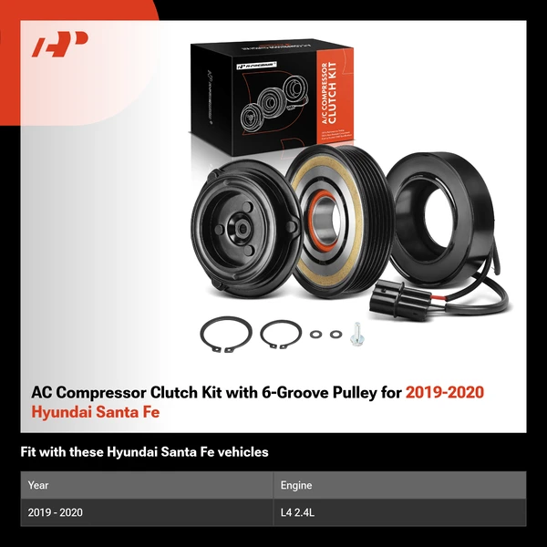 AC Compressor Clutch Kit with 6-Groove Pulley for 2019-2020 Hyundai Santa Fe