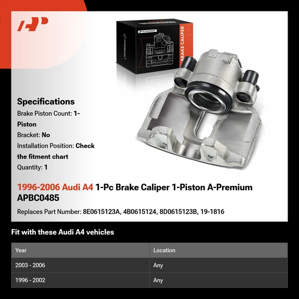 1996-2006 Audi A4 1-Pc Brake Caliper 1-Piston A-Premium APBC0485