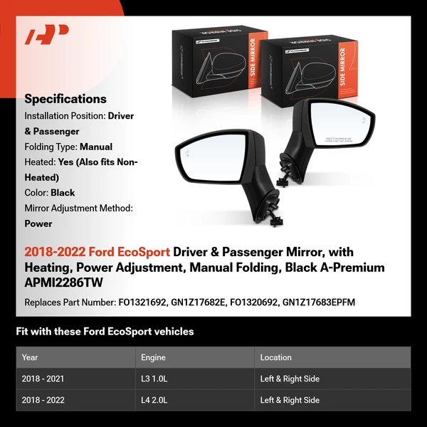 2018-2022 Ford EcoSport Driver & Passenger Mirror, with Heating, Power Adjustment, Manual Folding, Black A-Premium APMI2286TW