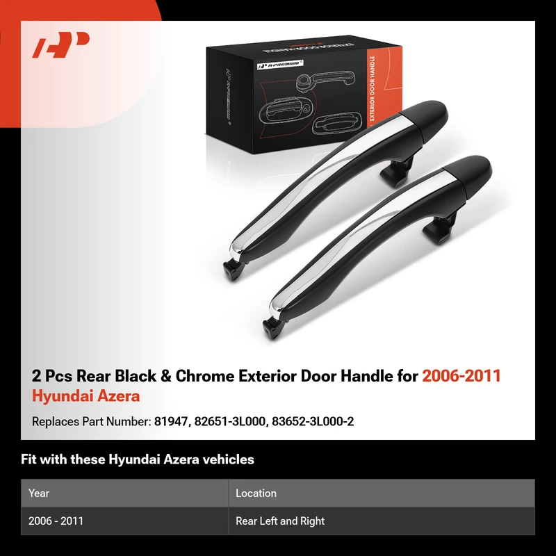 2 Pcs Rear Black & Chrome Exterior Door Handle for 2006-2011 Hyundai Azera