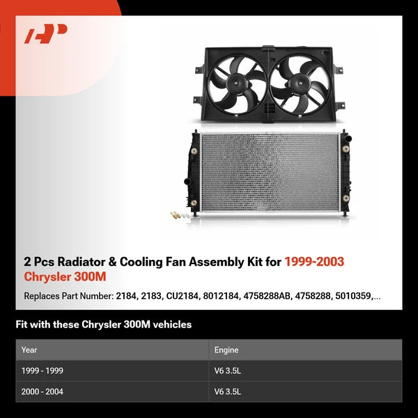 2 Pcs Radiator & Cooling Fan Assembly Kit for 1999-2003 Chrysler 300M