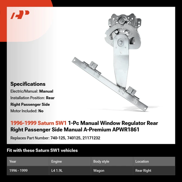 1996-1999 Saturn SW1 1-Pc Manual Window Regulator Rear Right Passenger Side Manual A-Premium APWR1861