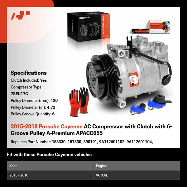 2015-2018 Porsche Cayenne AC Compressor with Clutch with 6-Groove Pulley A-Premium APACC655