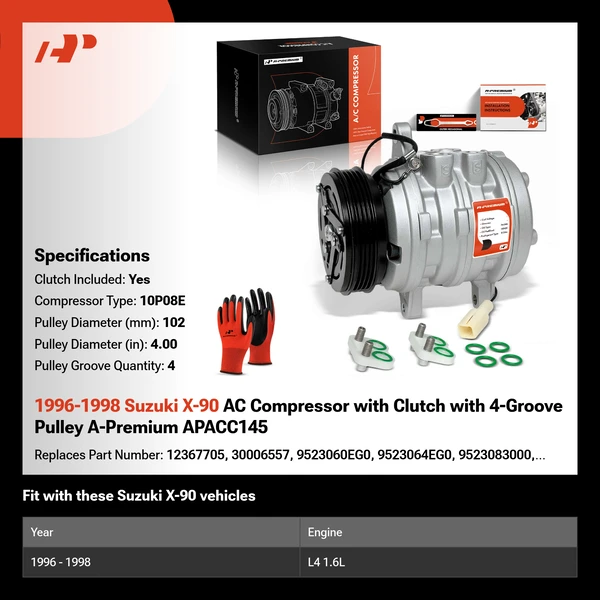 1996-1998 Suzuki X-90 AC Compressor with Clutch with 4-Groove Pulley A-Premium APACC145
