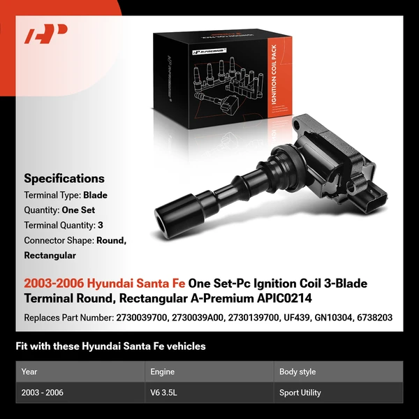 2003-2006 Hyundai Santa Fe One Set-Pc Ignition Coil 3-Blade Terminal Round, Rectangular A-Premium APIC0214