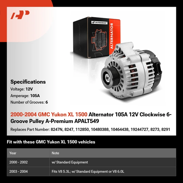 2000-2004 GMC Yukon XL 1500 Alternator 105A 12V Clockwise 6-Groove Pulley A-Premium APALT549