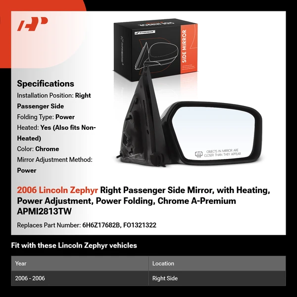2006 Lincoln Zephyr Right Passenger Side Mirror, with Heating, Power Adjustment, Power Folding, Chrome A-Premium APMI2813TW