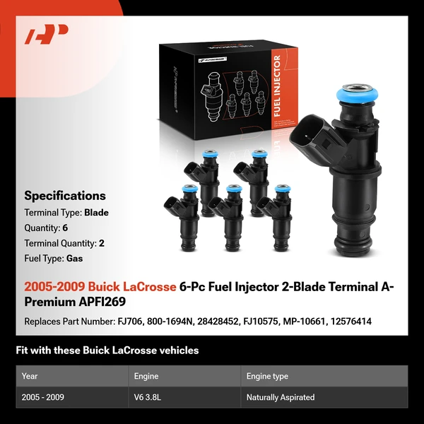 2005-2009 Buick LaCrosse 6-Pc Fuel Injector 2-Blade Terminal A-Premium APFI269