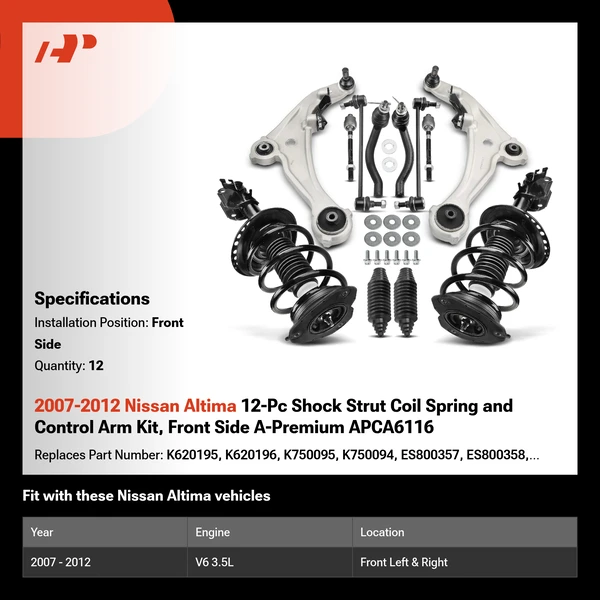 2007-2012 Nissan Altima 12-Pc Shock Strut Coil Spring and Control Arm Kit, Front Side A-Premium APCA6116