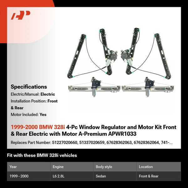 1999-2000 BMW 328i 4-Pc Window Regulator and Motor Kit Front & Rear Electric with Motor A-Premium APWR1033