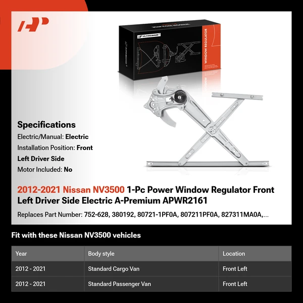 2012-2021 Nissan NV3500 1-Pc Power Window Regulator Front Left Driver Side Electric A-Premium APWR2161