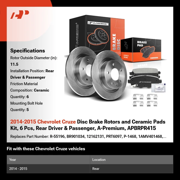2014-2015 Chevrolet Cruze Disc Brake Rotors and Ceramic Pads Kit, 6 Pcs, Rear Driver & Passenger, A-Premium, APBRPR415